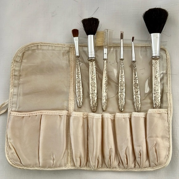 Other - Vintage~6 Silver Plated Makeup Brushes With Holder